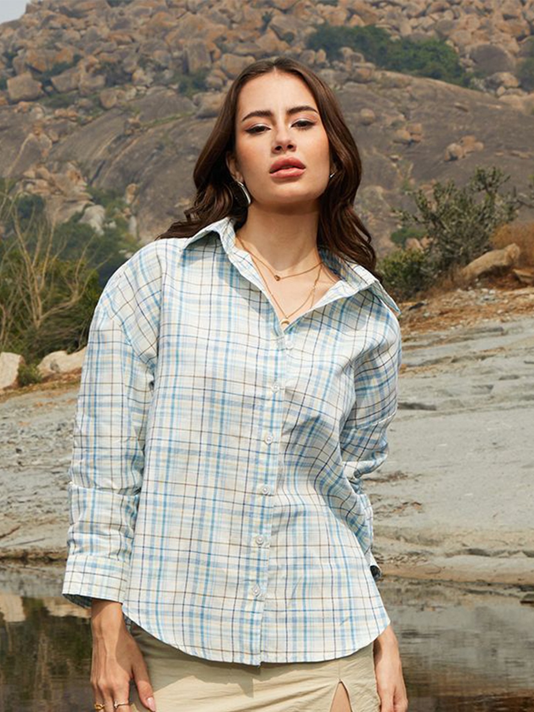 

Campus Sutra Women Comfort Spread Collar Tartan Checked Oversized Casual Shirt, White