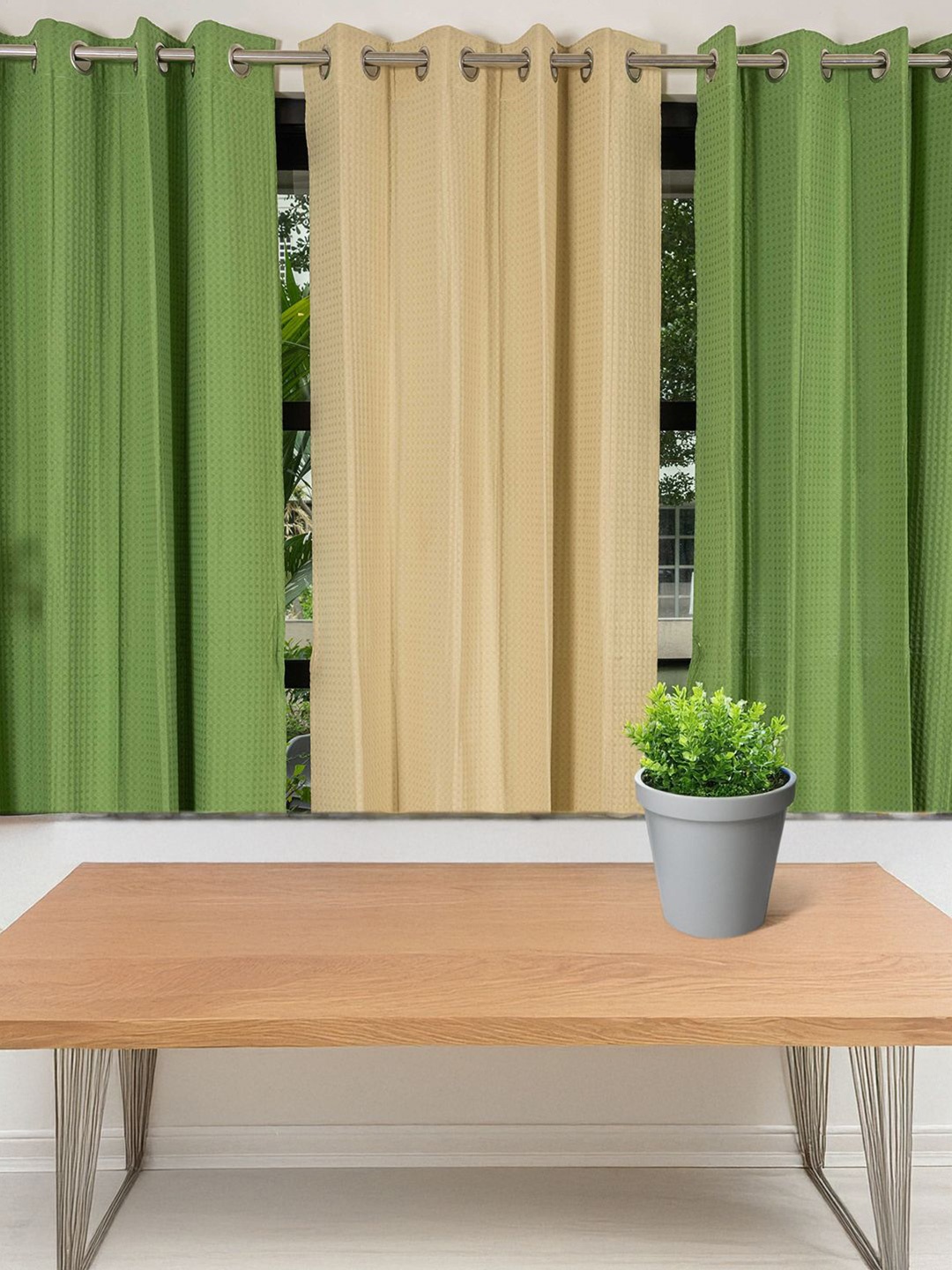 

URBAN SPACE Green & Cream-Coloured 3 Pieces Cotton Window Curtains