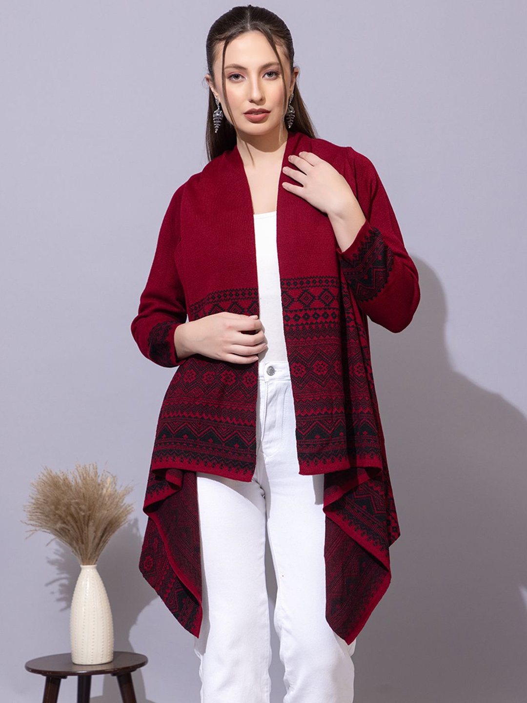 

Anouk Maroon Ethnic Motifs Printed Open Front Shrug
