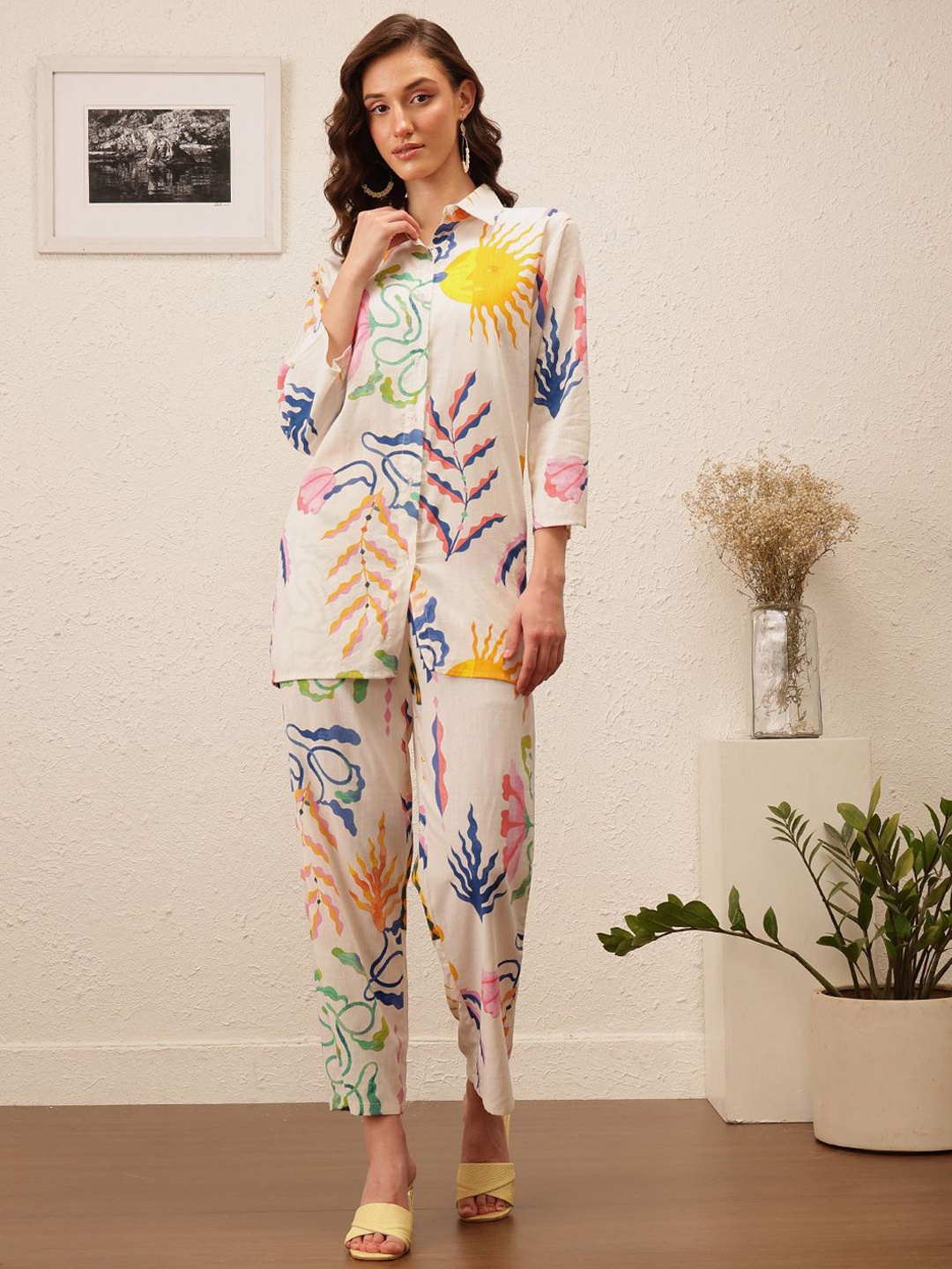 

BAESD Printed Three-Quarter Sleeves Shirt With Trousers, Off white