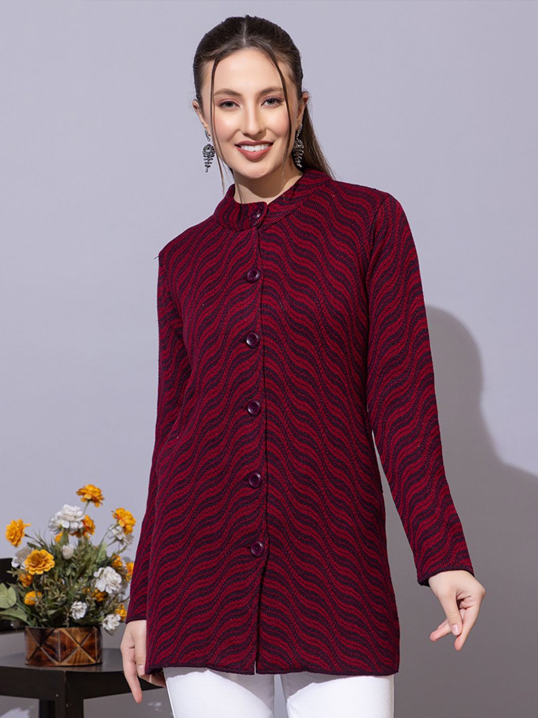 

Anouk Women Self Design Long Sleeves Longline Cardigan, Maroon
