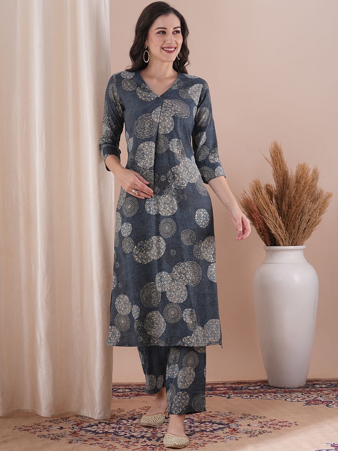 

FASHOR Geometric Printed V-Neck Three-Quarter Sleeves Top &Trouser, Blue