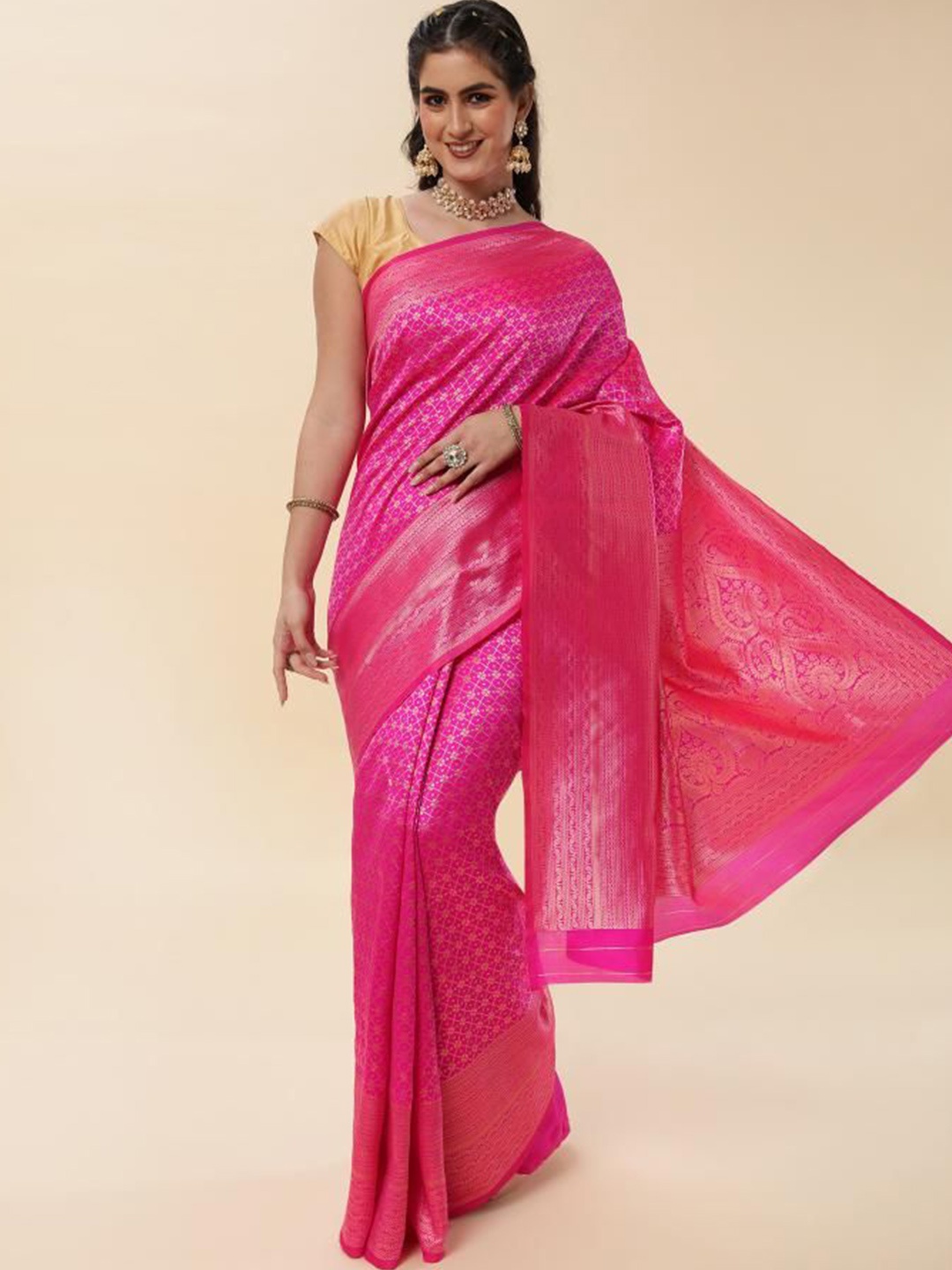 

KALINI Ethnic Motifs Zari Pure Silk Banarasi Saree, Pink