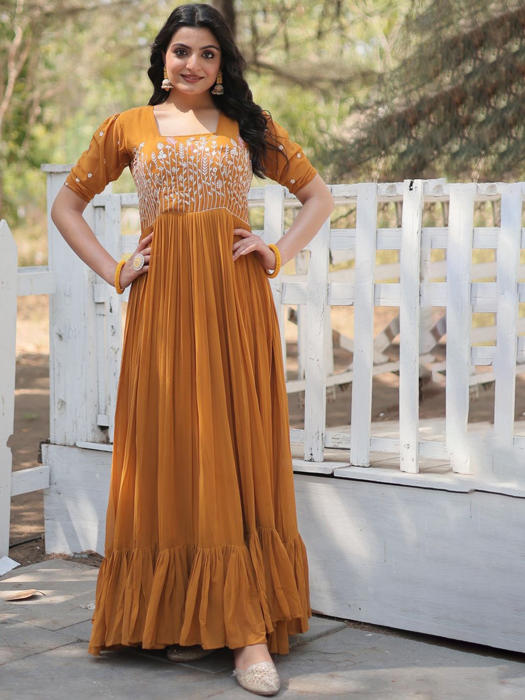 

KALINI Embroidered Gathered Maxi Ethnic Dresses, Yellow
