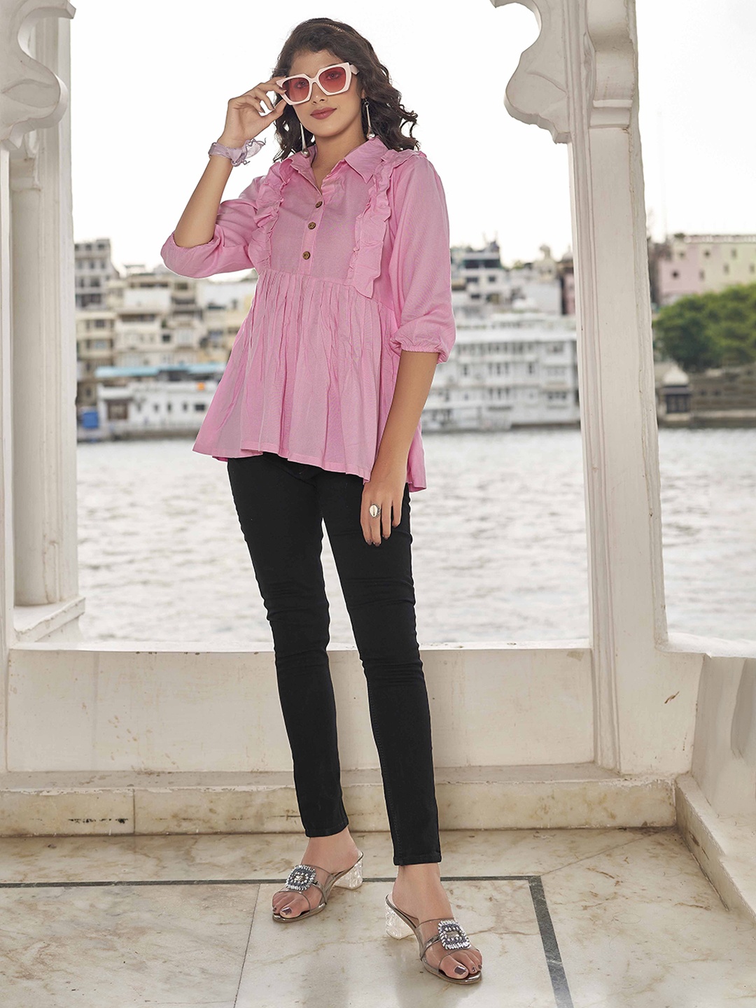 

Flossy Women Shirt Collar Cotton Tunic, Pink