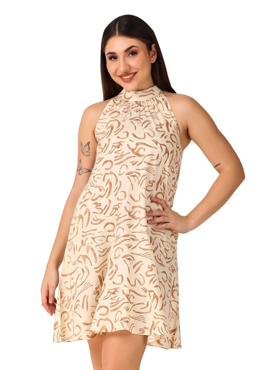 

Seryeon Women Abstract Printed Halter Neck A-Line Mini Dress, Cream