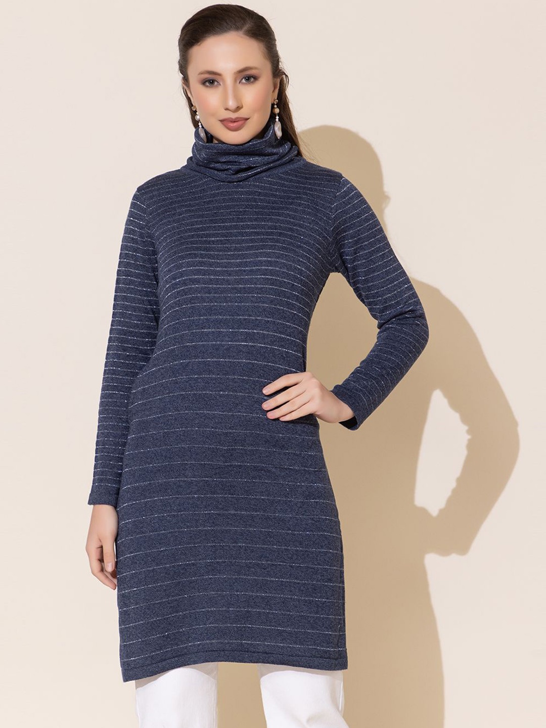 

Anouk Navy Blue Striped Woven Design High Neck Jacquard Straight Kurta