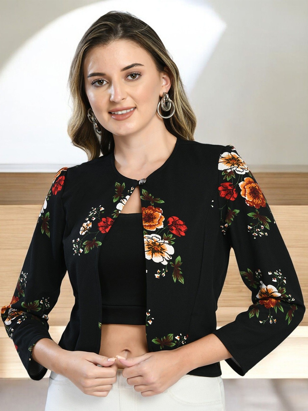 

BAESD Floral Printed V-Neck Open Front Shrug, Black