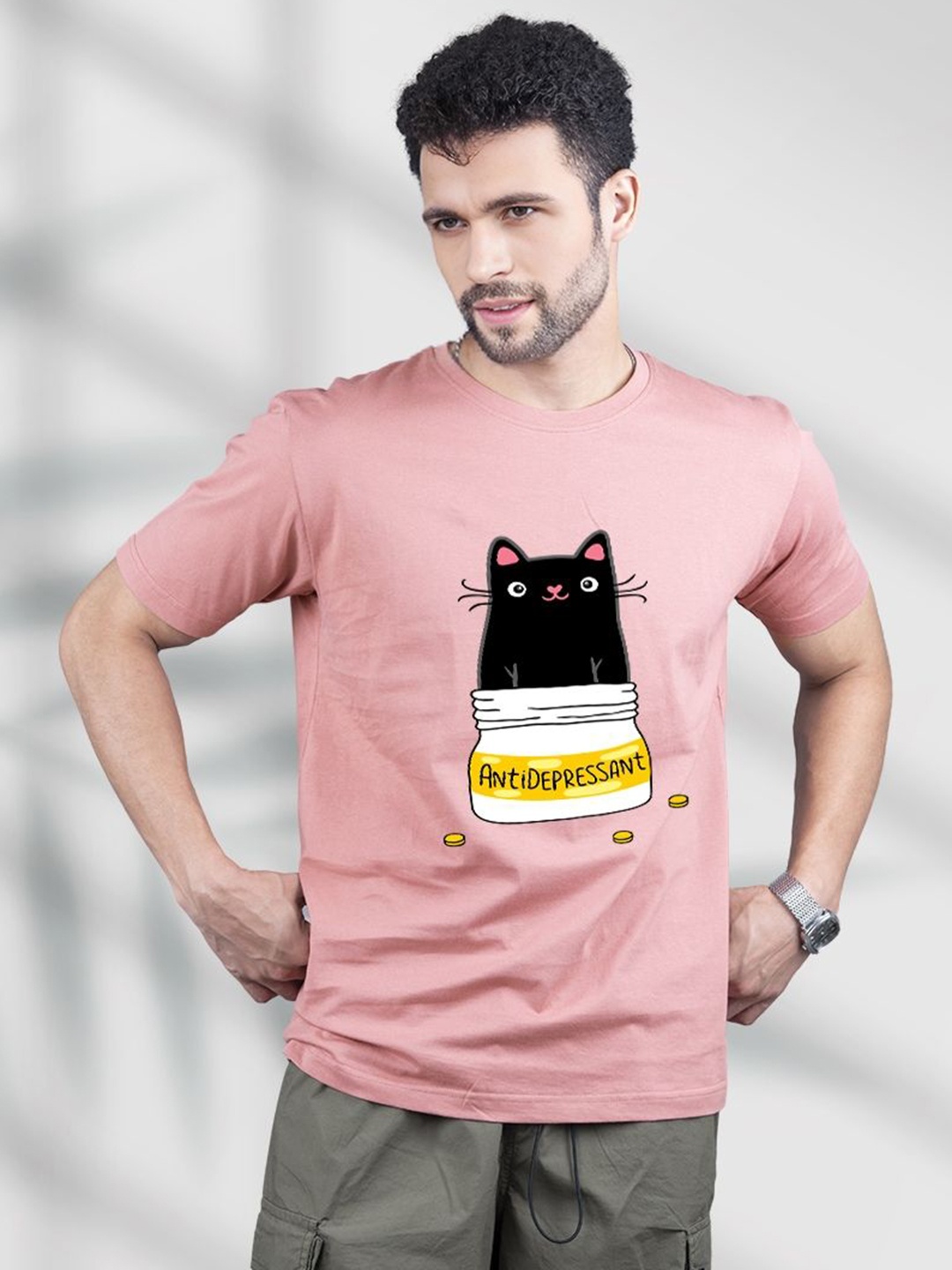 

PRONK Men Graphic Printed Round Neck Cotton T-shirt, Pink