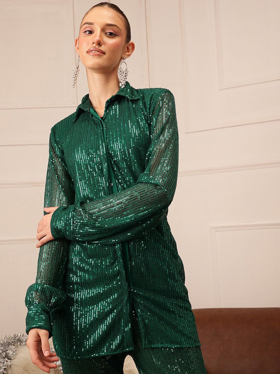 

ATRAENTA Embellished Shirt With Trousers, Green