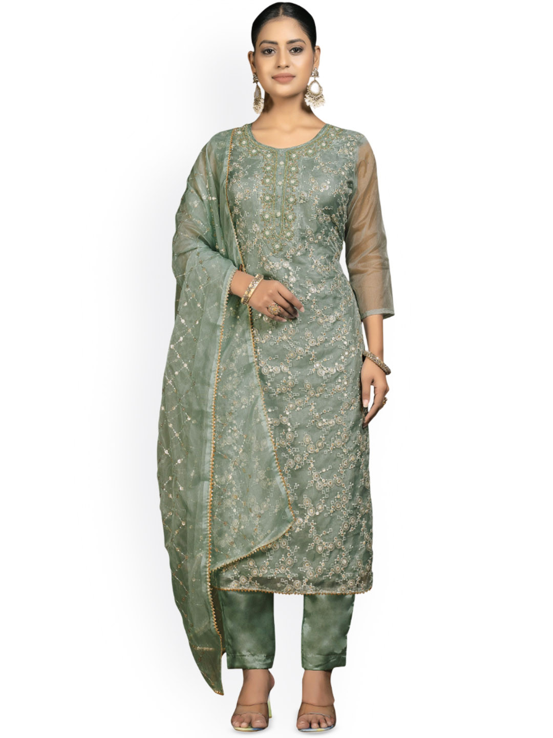 

Maroosh Ethnic Motifs Embroidered Beads and Stones Organza Unstitched Dress Material, Green