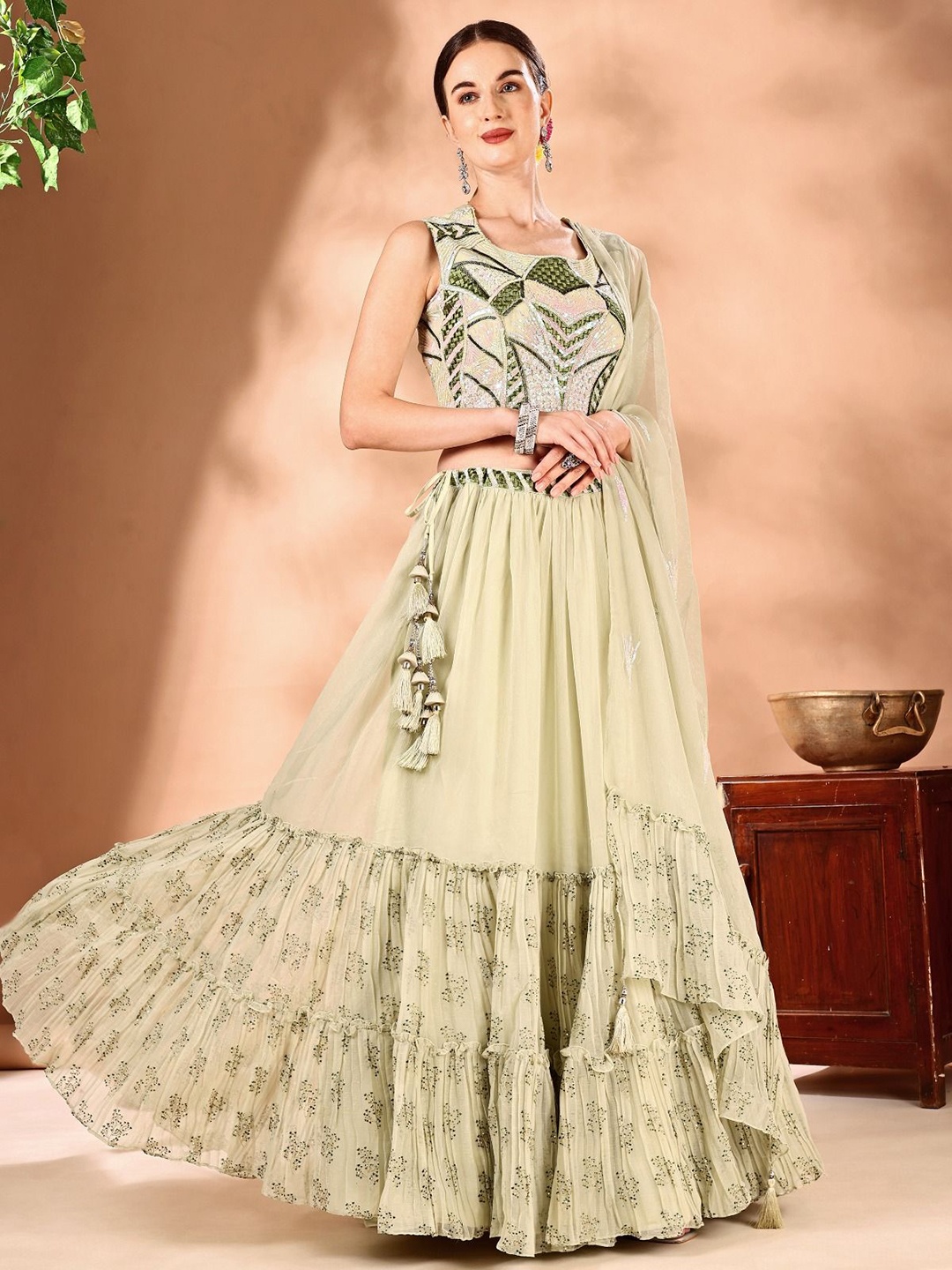 

JIVORA Embroidered Thread Work Ready to Wear Lehenga & Blouse With Dupatta, Green