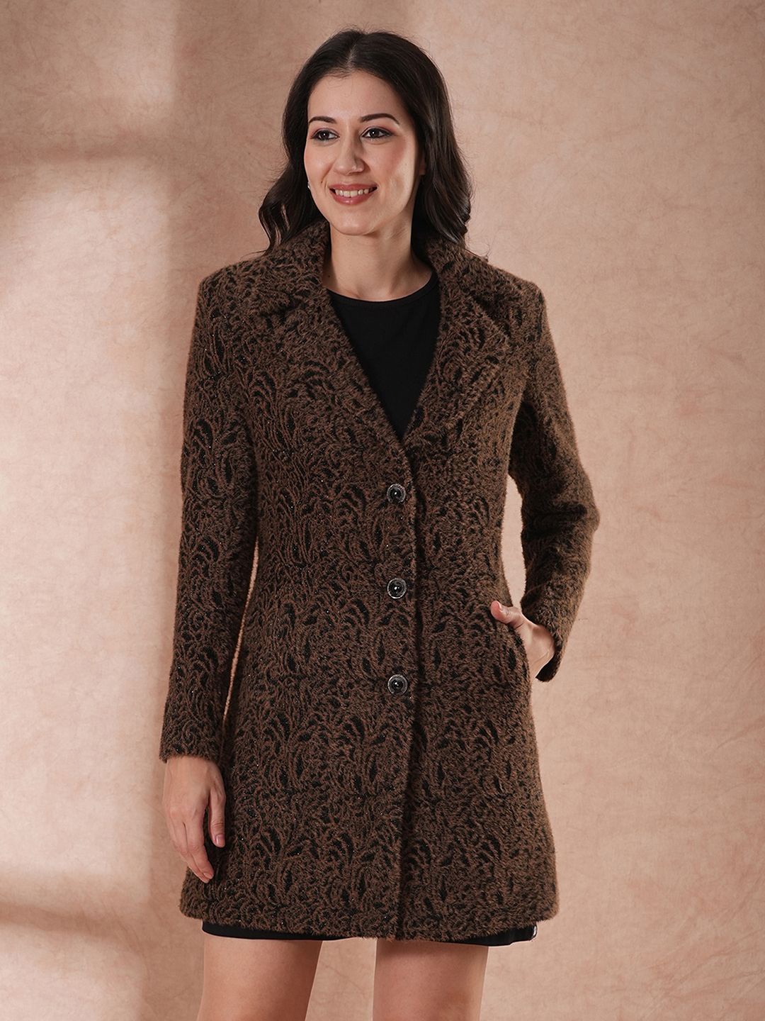 

Globus Women Notch Lapel Self Design Single-Breasted Overcoat, Black