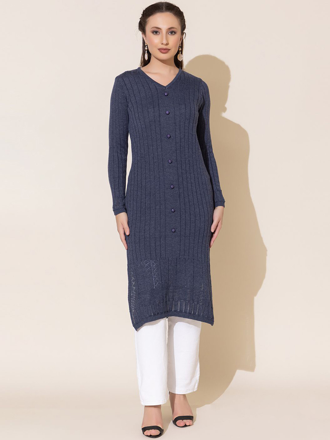 

Anouk Navy Blue Striped Woven Design V-Neck Jacquard Straight Kurta