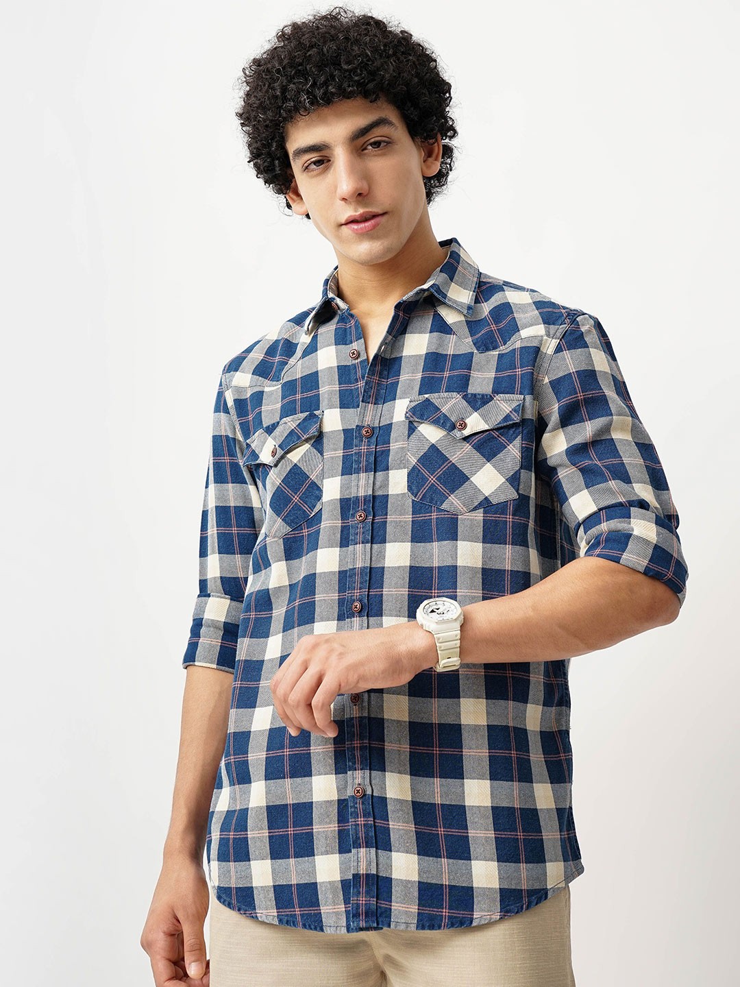 

British Club Men Classic Spread Collar Tartan Checked Cotton Casual Shirt, Blue