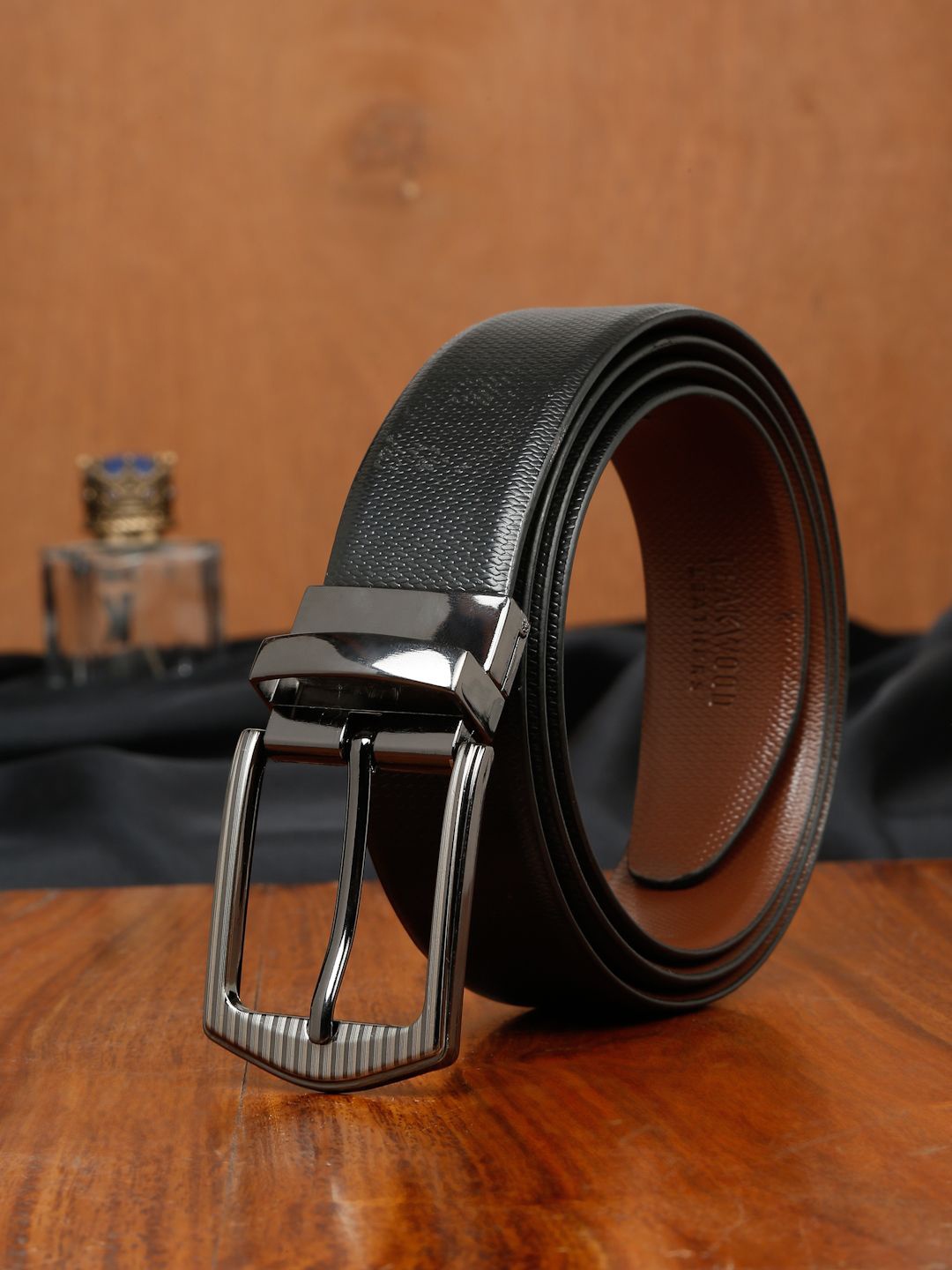 

Teakwood Leathers Men Textured Leather Reversible Formal Belt, Black
