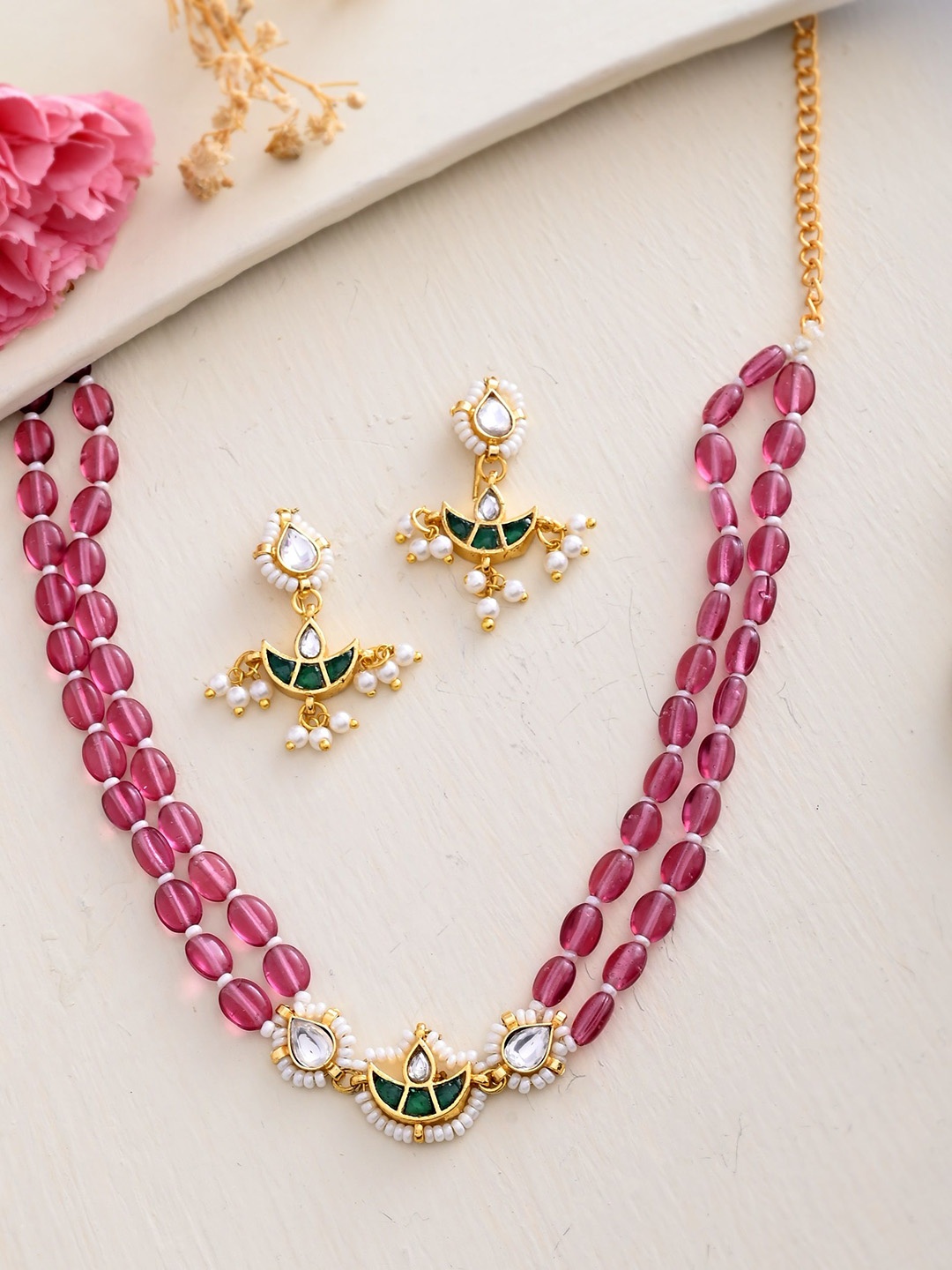 

DASTOOR Gold-Plated Stones-Studded & Beaded Necklace & Earrings