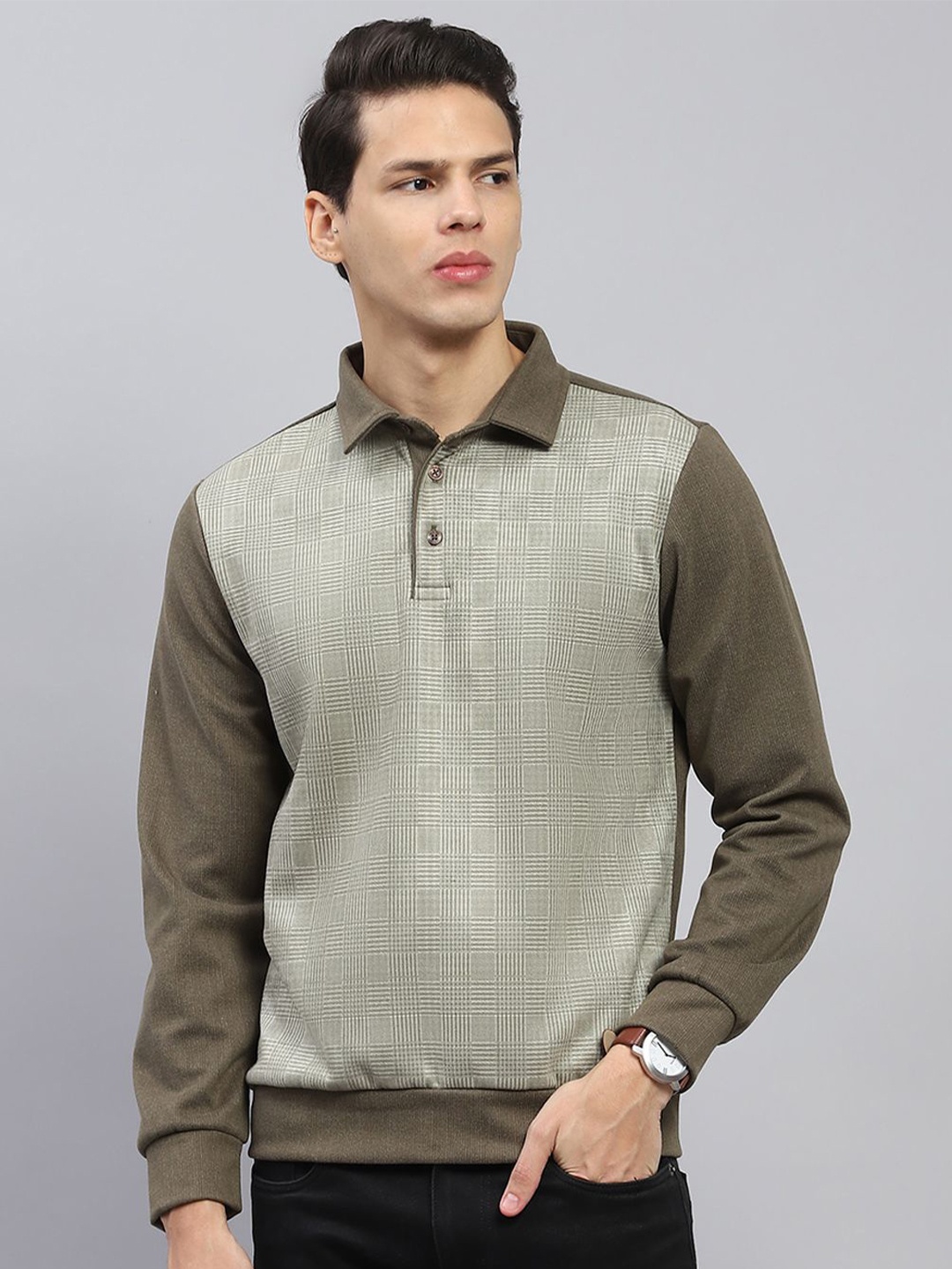

Monte Carlo Men Self Design Collared Neck Full Sleeve Sweatshirt, Green