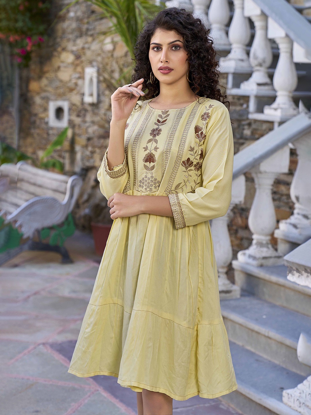 

Flossy Women Floral Embroidered Fit & Flare Dress, Yellow