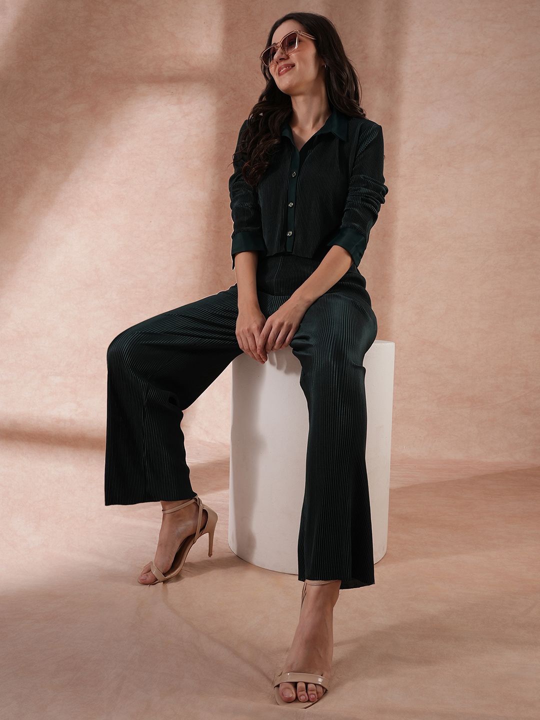 

Globus Green Self-Design Crop Shirt With Trousers