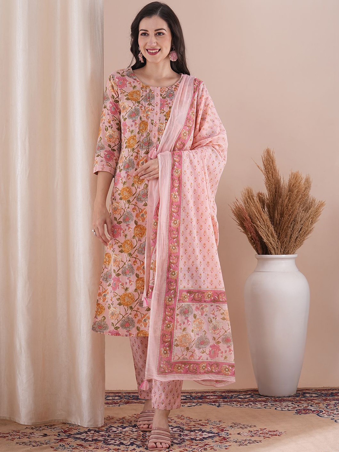 

FASHOR Floral Printed Pure Cotton Straight Kurta with Trouser & Dupatta, Pink