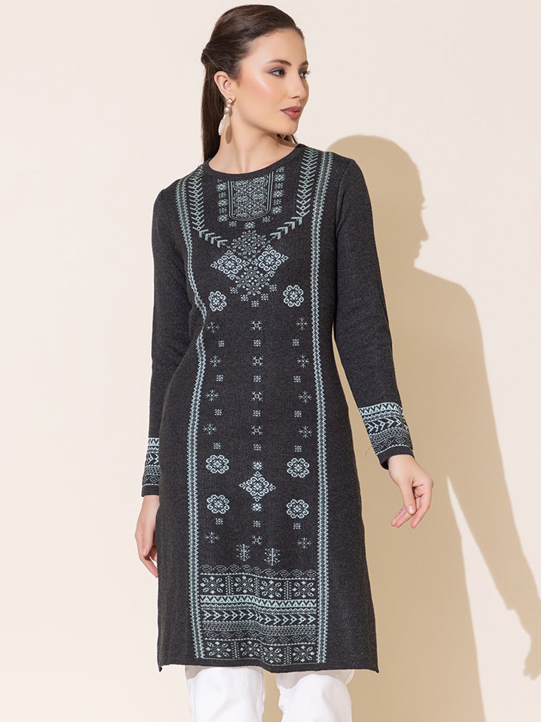 

Anouk Grey and Blue Ethnic Motifs Woven Design Straight Kurta