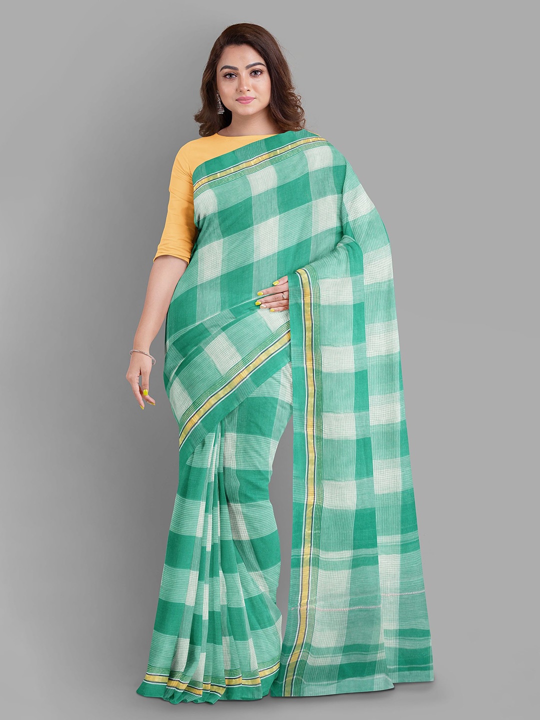

The Chennai Silks Checked Pure Cotton Taant Saree, Green