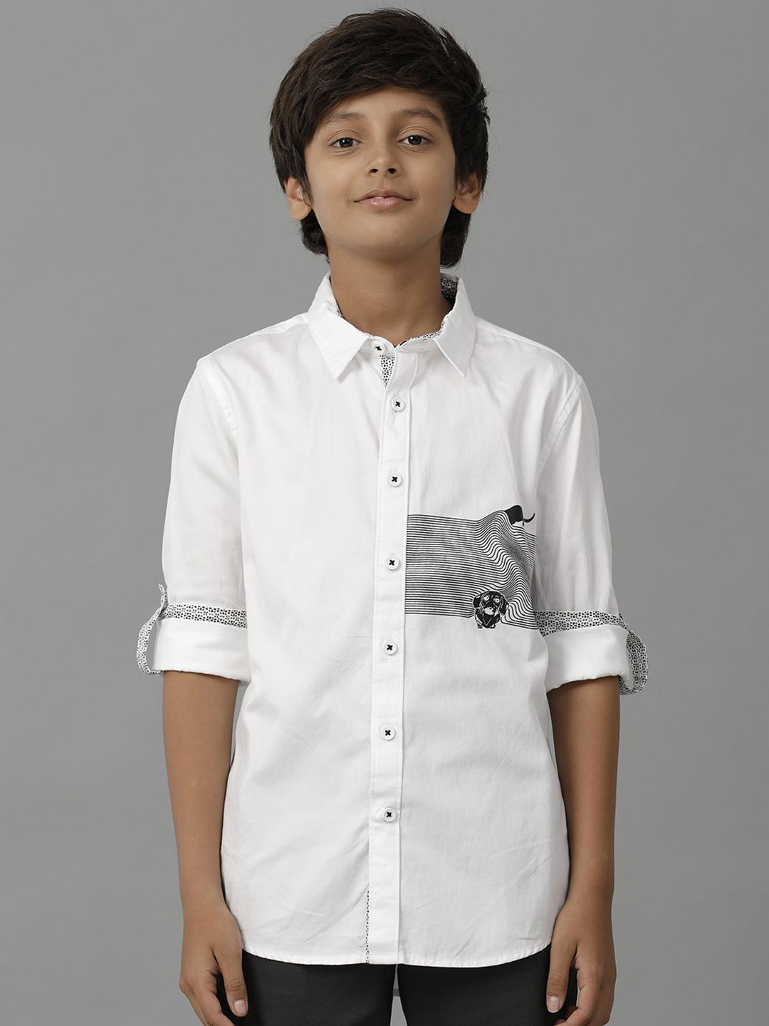 

UNDER FOURTEEN ONLY Boys Spread Collar Graphic Printed Cotton Casual Shirt, White