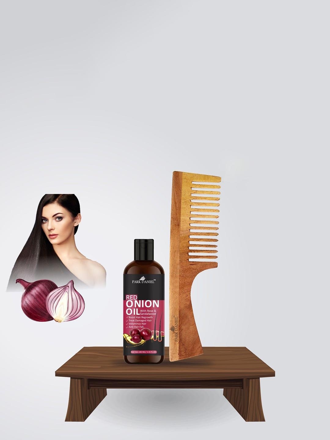 

Park Daniel Set Of Red Onion Oil 100 ml With Wooden Comb, Black