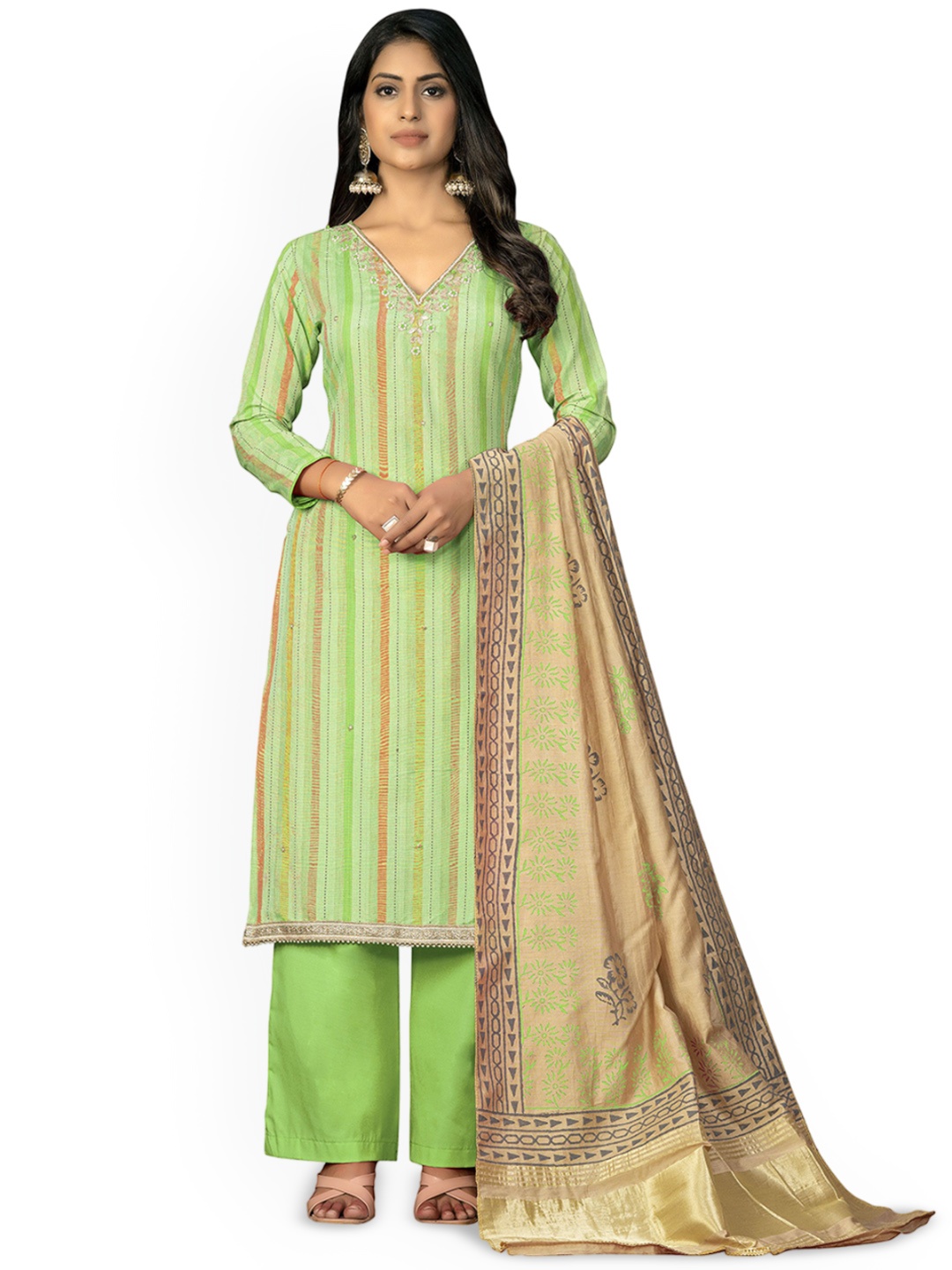

Maroosh Striped Embellished Cotton Unstitched Dress Material, Green