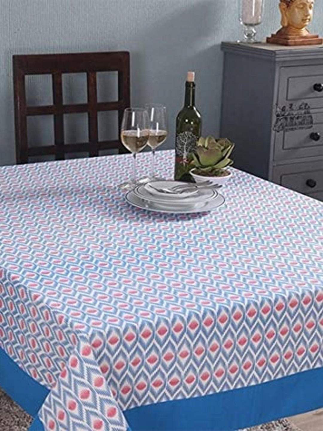 

Lushomes Blue & White Geometric Printed Pure Cotton 8 Seater Table Cover