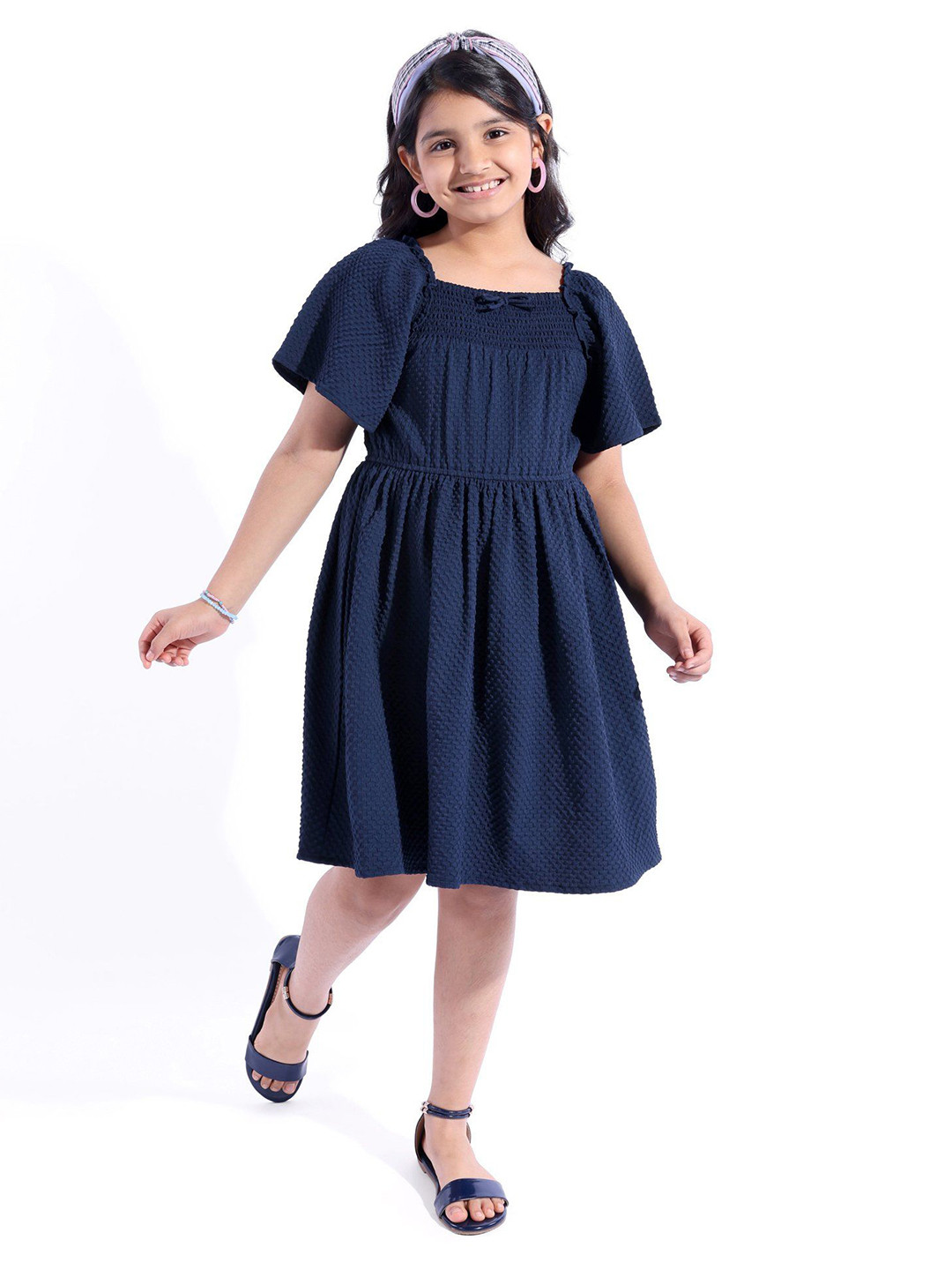 

Hola Bonita Girls Self Design Knee Length Dress, Navy blue