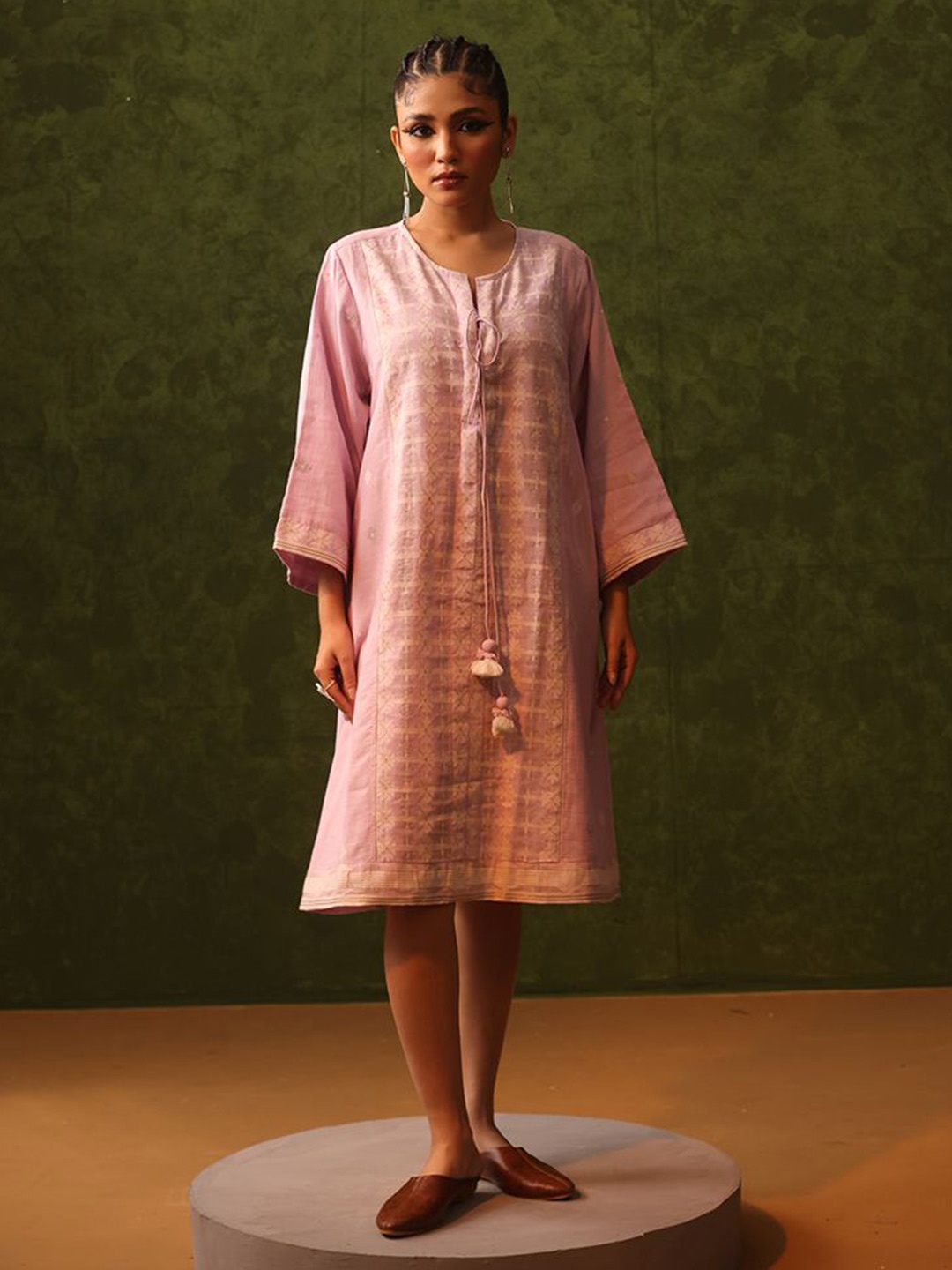 

Bhomra Women Round Neck Three-Quarter Sleeves A-Line Dress, Pink
