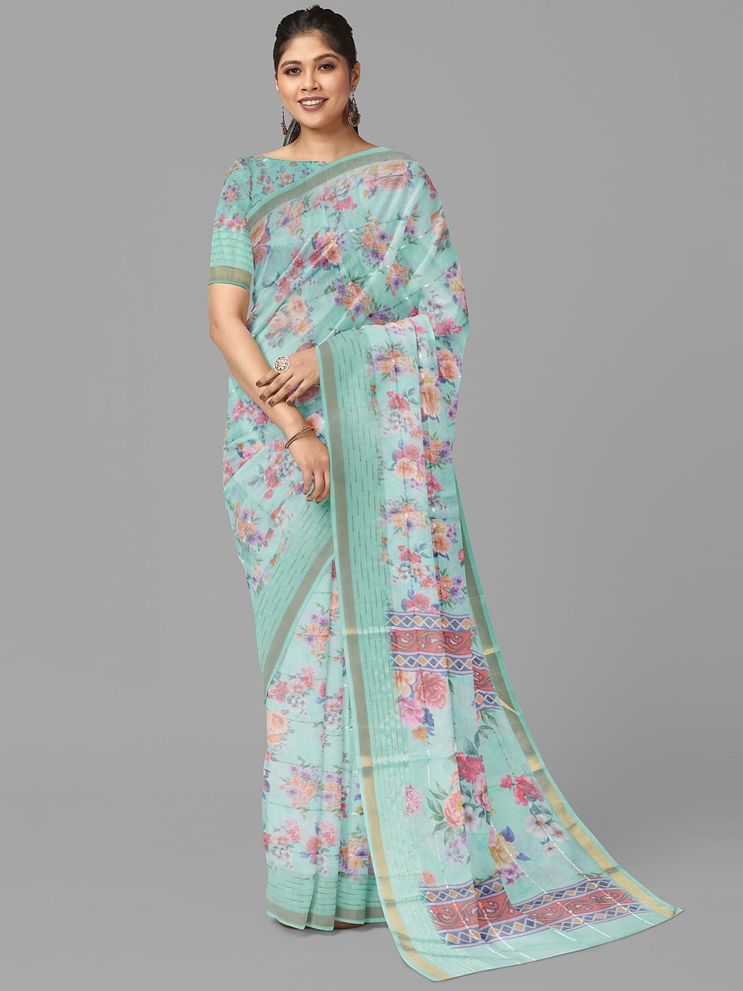 

The Chennai Silks Floral Printed Zari Banarasi Saree, Green