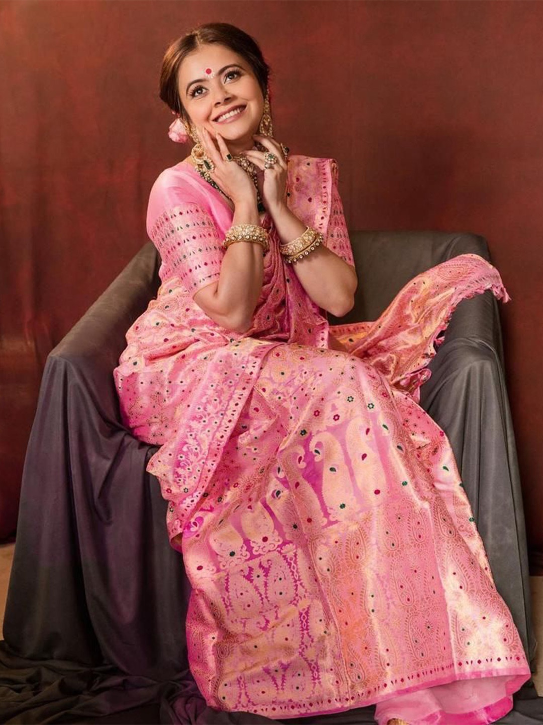 

KALINI Floral Printed Zari Pure Silk Kanjeevaram Saree, Pink