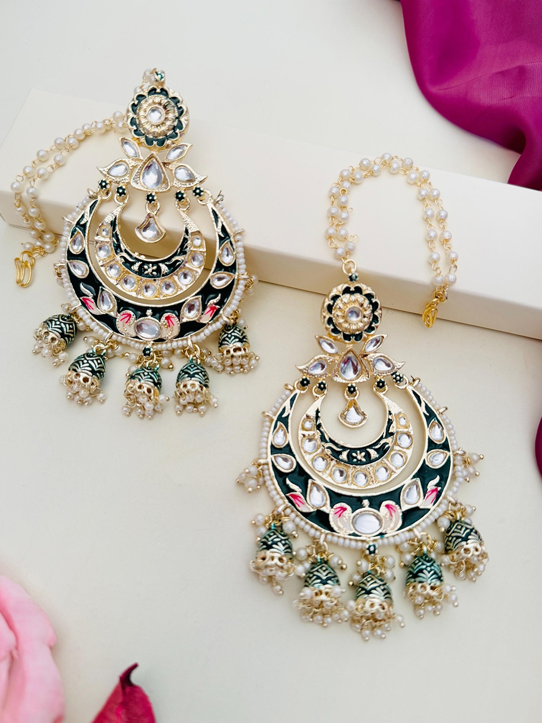 

ABDESIGNS Gold-Plated Stone Studded & Beaded Classic Drop Earrings