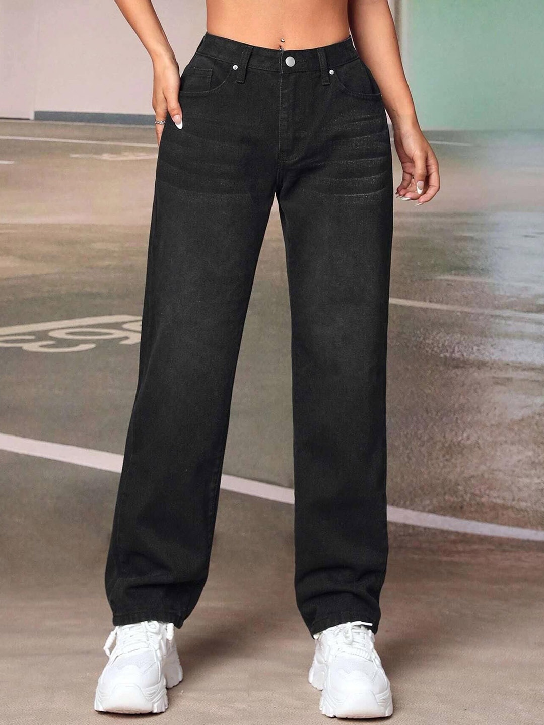 

Stylecast X Kotty Women Straight Fit High-Rise Stretchable Jeans, Black