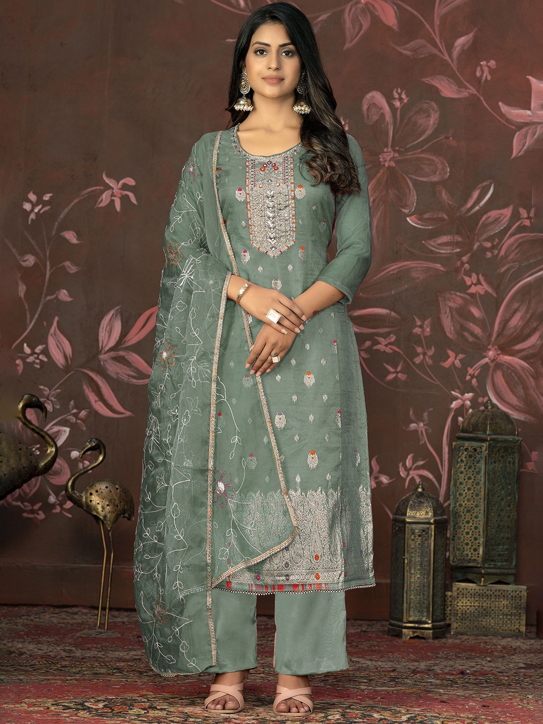 

Maroosh Floral Embroidered Organza Unstitched Dress Material, Sea green