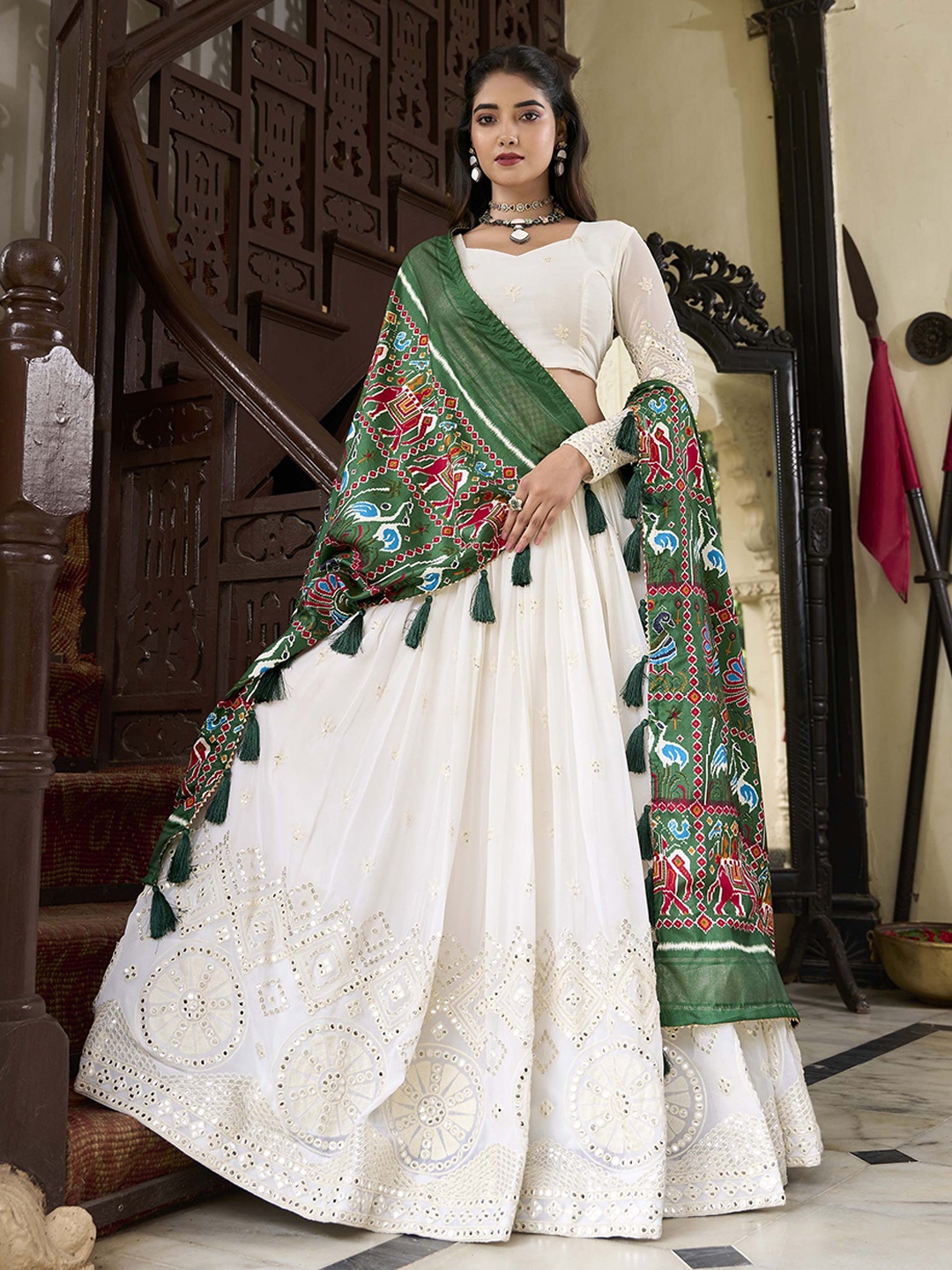 

LOOKNBOOK ART Embroidered Ready to Wear Lehenga & Unstitched Blouse With Dupatta, White