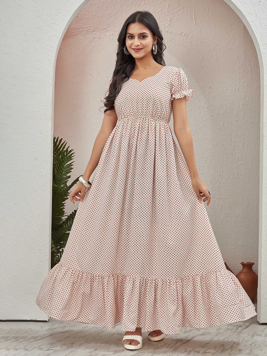 

CHANSI Women Polka Dot Printed Puff Sleeve Cotton Fit & Flare Maxi Dress, White
