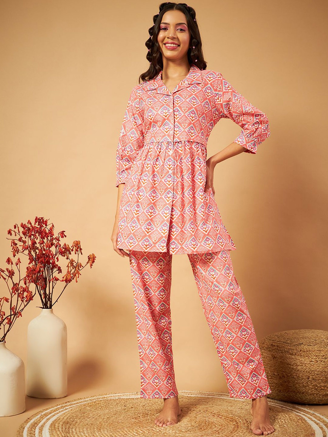 

ETC Women Floral Printed Night suit, Peach