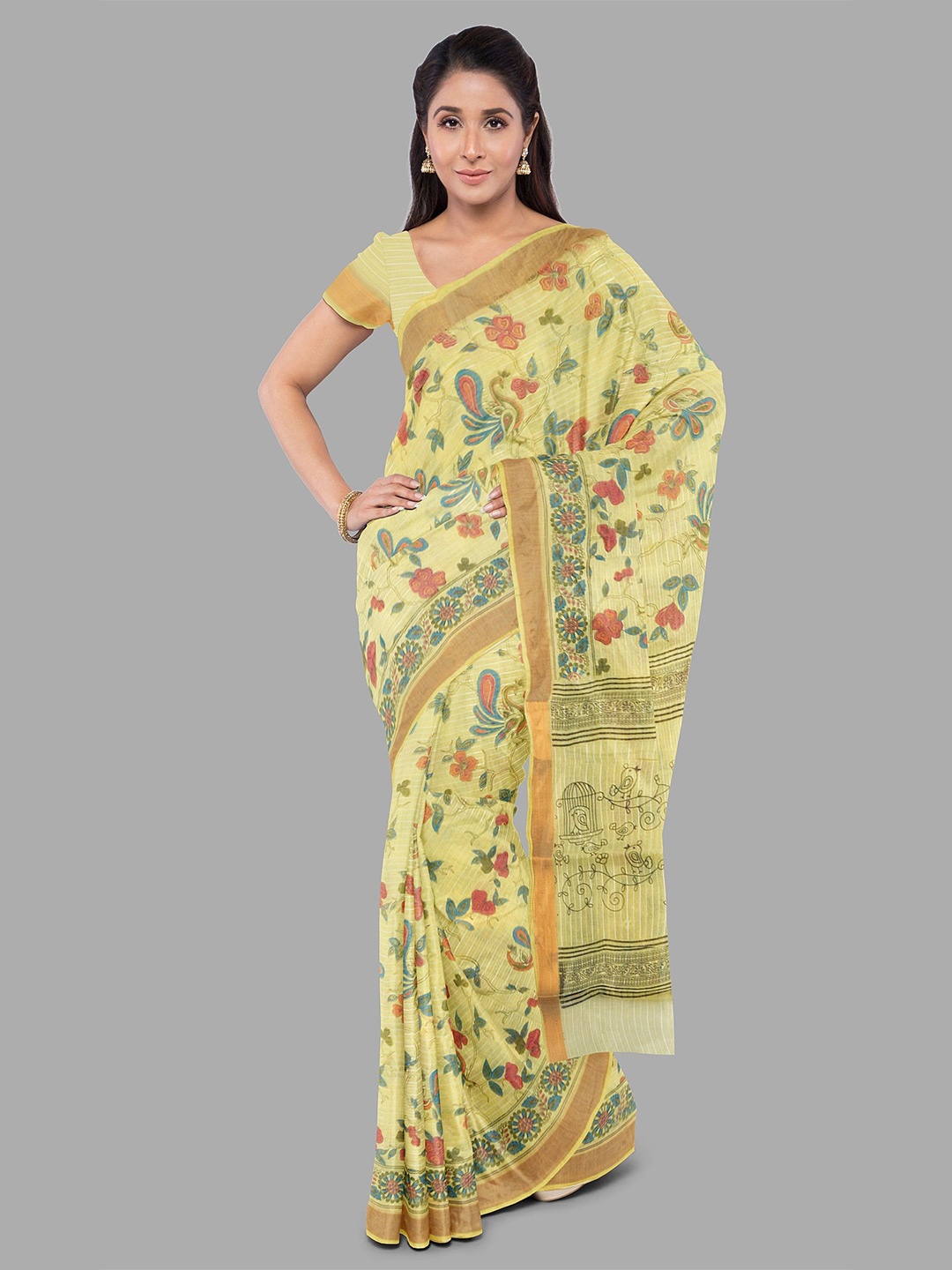 

The Chennai Silks Floral Printed Zari Kota Saree, Yellow