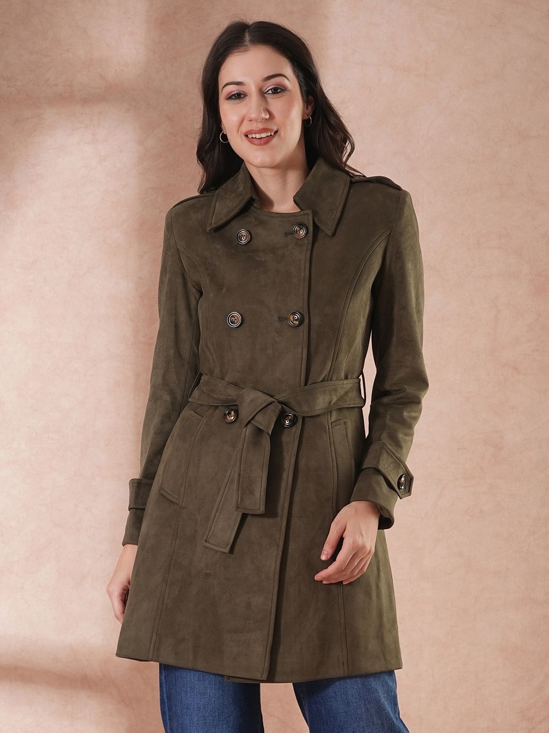 

Globus Women Double-Breasted Belted Pea Coat, Olive