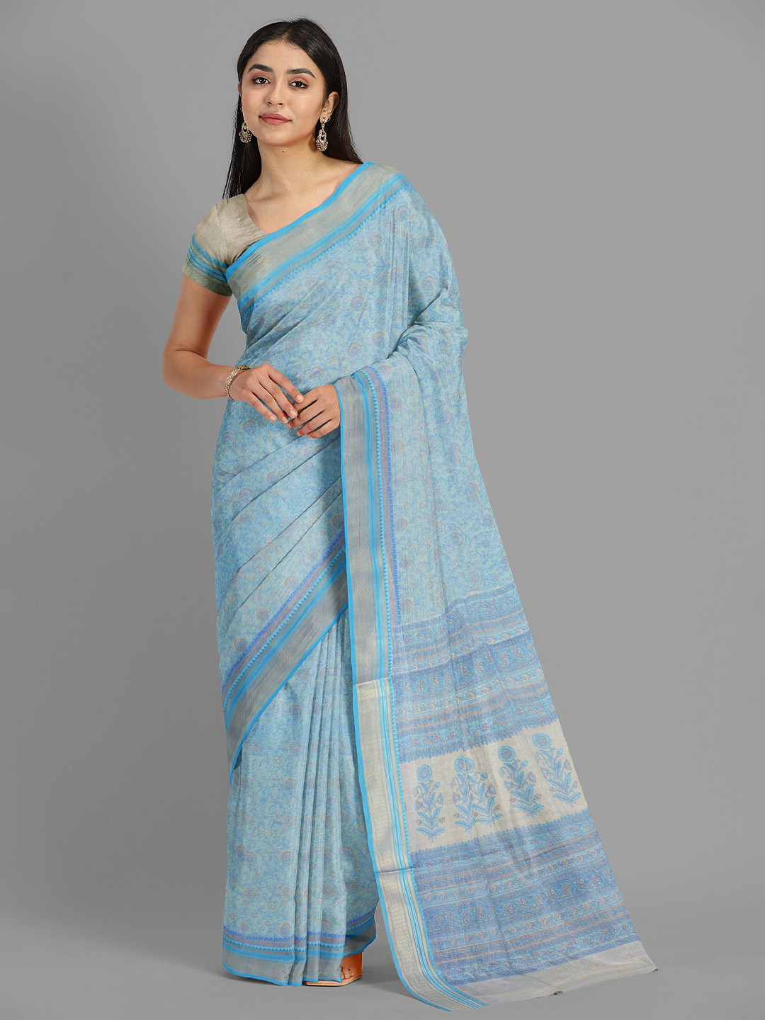 

The Chennai Silks Floral Pure Cotton Gadwal Saree, Blue