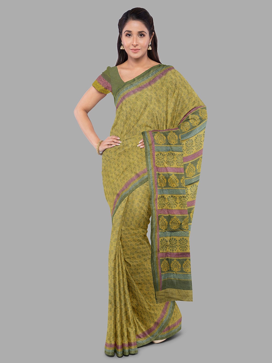 

The Chennai Silks Floral Printed Pure Cotton Gadwal Saree, Olive