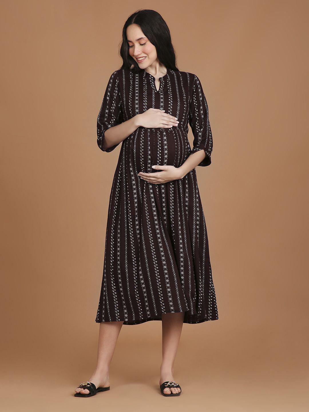 

NIGHTSPREE Women Striped Maternity Fit & Flare Midi Dress, Maroon