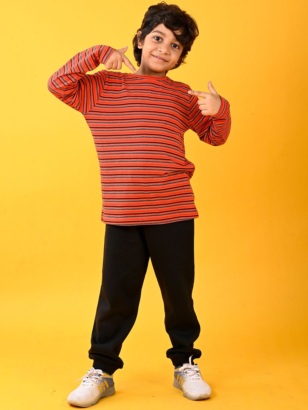 

Anthrilo Boys Striped Round Neck T-shirt With Fleece Joggers, Red