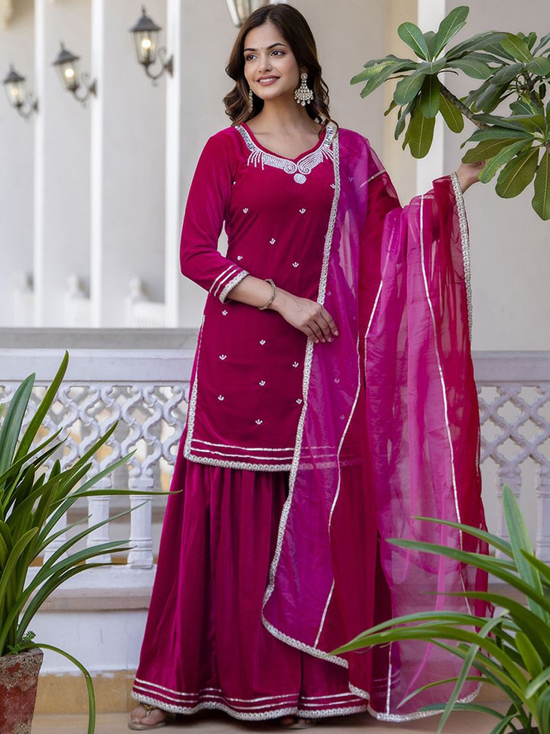

Anouk Pink Ethnic Motifs Embroidered Gotta Patti Jacquard Velvet Kurta & Sharara & Dupatta