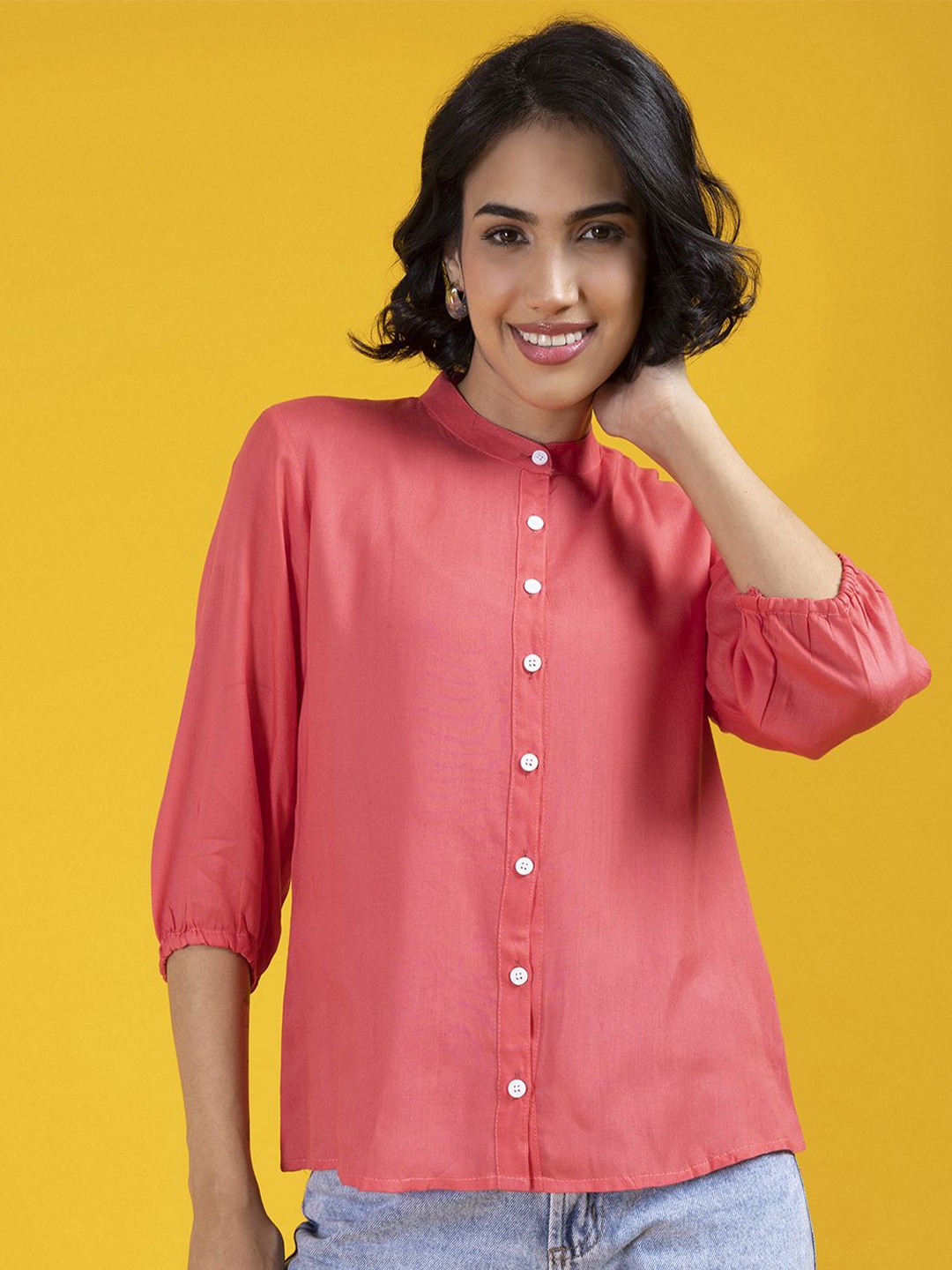 

KALINI Women Classic Band Collar Solid Casual Shirt, Peach