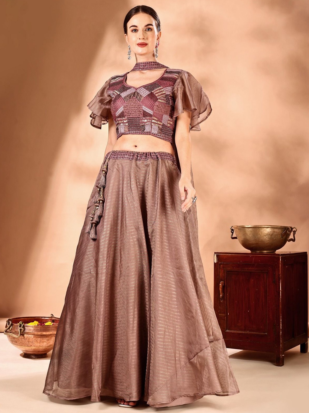 

JIVORA Embroidered Beads and Stones Ready to Wear Lehenga & Blouse With Dupatta, Brown